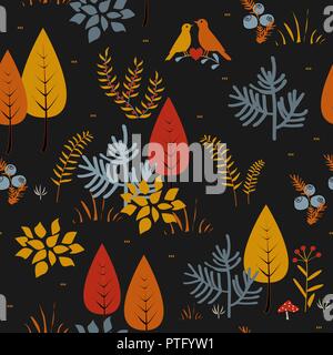 Forest trees seamless vector pattern. Hand drawn background with plants, grass and bushes in doodle style. Botanic design texture in colors of blue, r Stock Vector