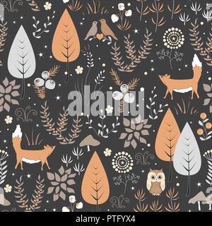 Cute vector seamless pattern with forest plants, birds, and foxes. Autumn background Stock Vector