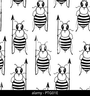 Seamless pattern with angry killer bees. Soldier bee with pike. Killer bees army. Vector background Stock Vector