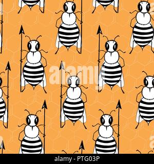 Seamless pattern with angry killer bees on the orange background. Soldier bee with pike. Killer bees army. Vector Stock Vector