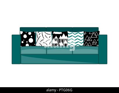 Cyan fabric three-seat modern sofa with modern ornament black and white pillows. Vector illustration Stock Vector