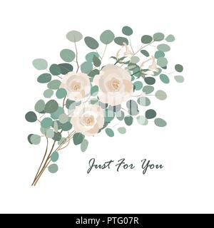 Vector floral bouquet with rose flower and eucalyptus branch greenery. Vector design element isolatedon white. Romantic greeting card Stock Vector