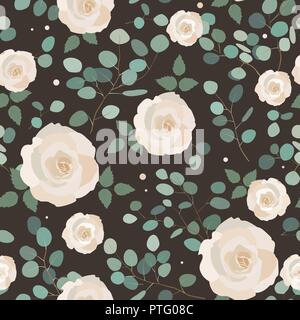 Seamless pattern with eucalyptus and roses. Elegant hand painted floral ornament. Vector illustration Stock Vector