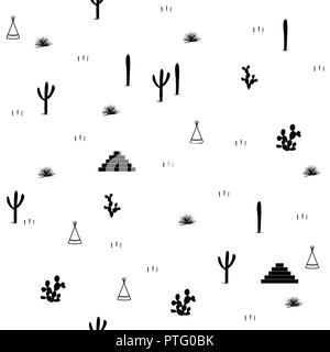 Pyramids, indian tents, saguaro, agaves, and opuntia cactuses on white background. Cute design for textile, wallpapers, kids industry. Vector illustra Stock Vector