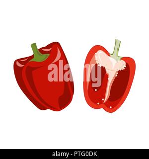 Red bell pepper vegetable, whole fruit and half. Vector illustration, cartoon flat icon isolated on white. Stock Vector