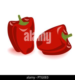 Two red bell pepper vegetables set. Vector illustration, cartoon and tasty capsium, isolated on white. Stock Vector