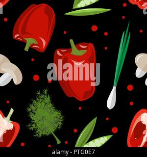 Seamless Vector Pattern with Ripe Vegetables. Mushrooms, R Bell Pepper, Onion, Green Pea, and Fresh Dill on Black Background. Hand Drawn Vector Illust Stock Vector