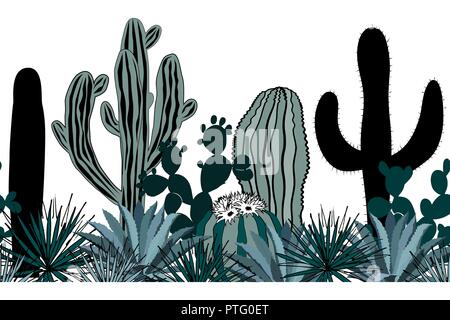 Hand drawn seamless pattern with sketch saguaro, blue agave, and prickly pear. Latin American background. Mexican border. Vector illustration. Stock Vector