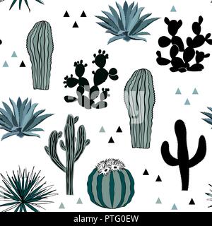 Hand drawn seamless pattern with sketch saguaro, blue agave, and prickly pear. Latin American background. Vector illustration. Stock Vector