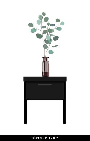 Eucalyptus branches in a dark bottle vase standing at bedside table. Interior design element. White background. Vector illustration Stock Vector