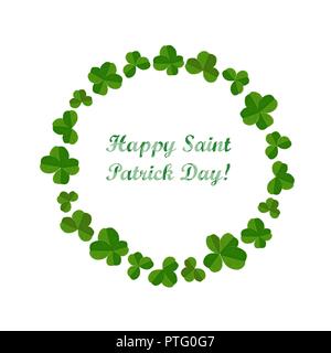 Happy St.Patrick's Day card, illustration with cute shamrock, clover round frame. Vector illustration Stock Vector