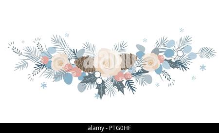 Vector Christmas border with fir branches, beriies, roses, ilex and cones. Decoration design element, pastel palette Stock Vector