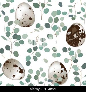 Delicate seamless pattern with quail eggs and elegant eucalyptus branches. Easter background, vector illustration Stock Vector