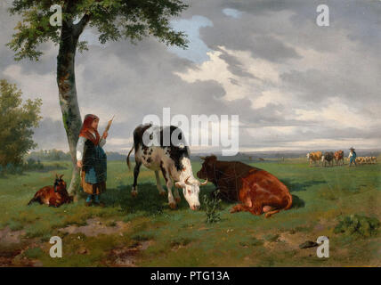 Bonheur  Rosa - Shepherdess and Two Cows in a Meadow Stock Photo