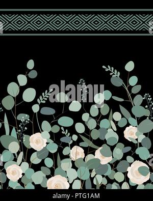 Elegant seamless pattern with silver dollar eucalyptus branches and roses on black background. Design for bedding textile, cards, borders. Vector Stock Vector