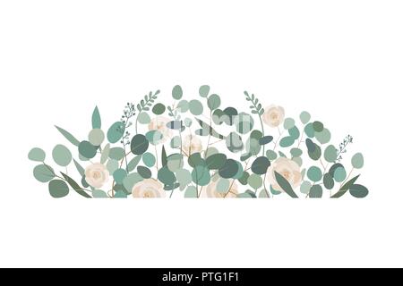 Decorative frame or border element with white rose flowers and eucalyptus. Greeting, wedding invite template.Vector illustration Stock Vector