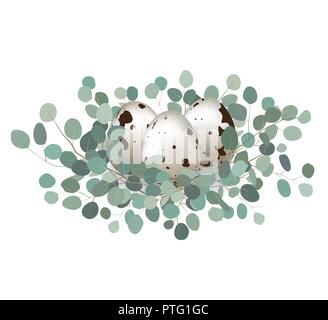 Stylish card background with easter quail eggs and eucalyptus leaves. Easter greeting banner, place for text. Vector illustration Stock Vector