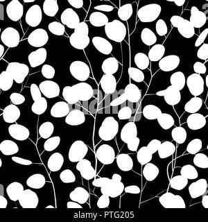 Seamless pattern with eucalyptus silhouette. Floral ornament with silver dollar eucalyptus branches. Black and white, Vector Stock Vector