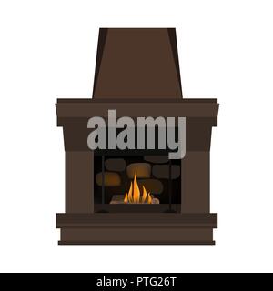 Fireplace in Danish hygge style - cozy and comfortable. Burning flame inside and brown wood frame construction. Vector illustration in realistic style Stock Vector