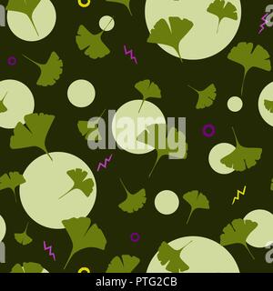 Ginkgo Seamless Pattern on dark background with cute circles and cartoon lightening. Vector illustration Stock Vector