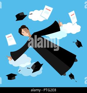 Happy graduate student in the sky. Flying graduate student in academic clothing. Education, high school or university background. Stock Vector