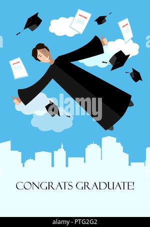 Happy graduate student in the sky above the city. Flying graduate student in academic clothing. Education, high school or university card. Stock Vector