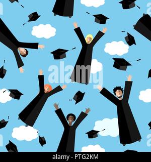 Happy Graduates flying in the air with graduation hats. Jumping Students and Graduation Caps in the sky. Vector seamless pattern. Stock Vector