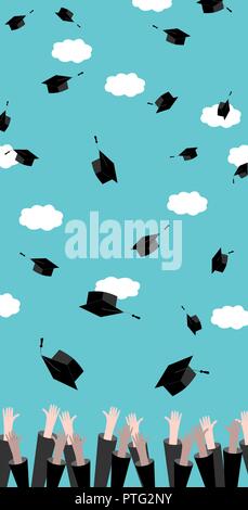 Concept of Education, vertical banner. Graduates hands throwing Graduation Hats in the Air. Celebration Education Graduate Student Success. Flat desig Stock Vector