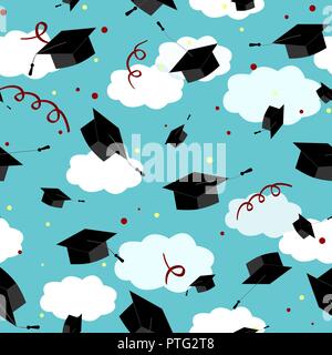 Graduates hats in the air. Graduation Caps in the clouds sky. Vector seamless pattern. Stock Vector