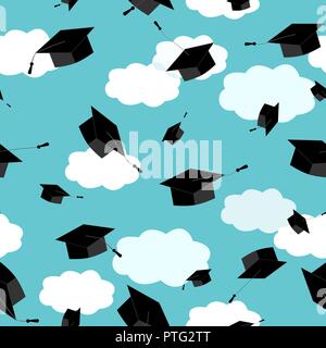 Graduates hats in the air. Graduation Caps in the clouds sky. Vector seamless pattern. Stock Vector