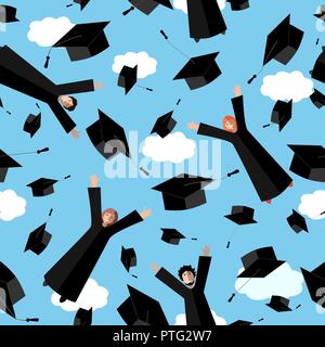 Happy Graduates flying in the air with graduation hats. Jumping Students and Graduation Caps in the sky. Vector seamless pattern. Stock Vector