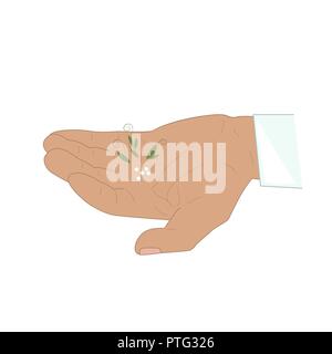 Male hand with granules or homeopathy. Homeopathic medicine concept, vector illustration Stock Vector