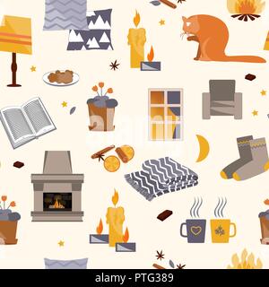 Hygge seamless pattern. Vector illustration with forest plants and cozy home things like candles, socks, wrap, cocoa, fireplace. Harmony with nature a Stock Vector