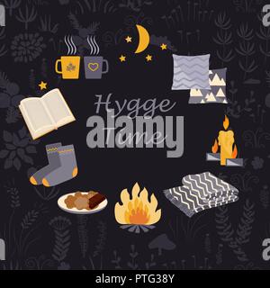 Circle frame for Hygge and Camping concepts. Pattern with cozy forest and camping symbols: blanket, warm socks, campfire, hot drink, moon, and grass.  Stock Vector