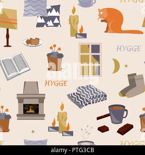 Hygge seamless pattern. Vector illustration with cozy home things like candles, socks, wrap, cocoa, fireplace. Danish living concept. Greeting card te Stock Vector