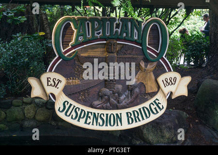 VANCOUVER, CANADA - SEPTEMBER 11th 2018: The enterance sign to Capilano Suspension bridge, a tourist attraction in North Vancouver Stock Photo