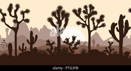 Desert seamless pattern with silhouettes of joshua trees, opuntia, and saguaro cacti. Mountains background. Stock Vector