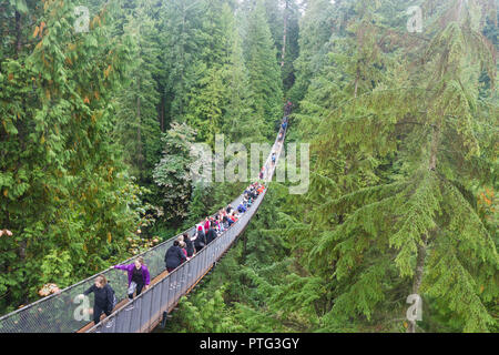 VANCOUVER, CANADA - SEPTEMBER 11th 2018: Visitors cross the 450 ft Capilano suspension bridge in North Vancouver Stock Photo