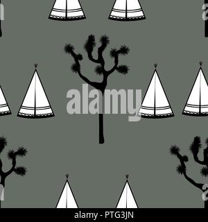 Indian tents and joshua tree on white background. Cute design for textile, wallpapers, kids industry. Vector illustration, hand drawn seamless pattern Stock Vector