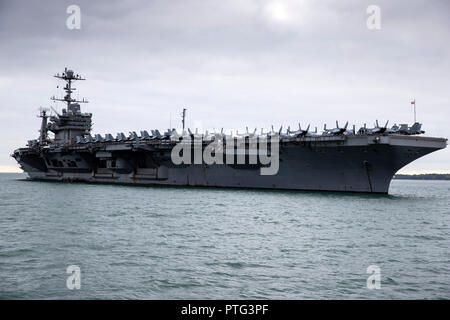 Aircraft Carrier USS Harry S Truman anchored off Stokes Bay, Hampshire on 8 October 2018 Stock Photo