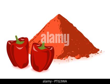 Paprika powder and bell pepper isolated on white background. Vector illustration. For food design, restaurant, store, market, natural health care prod Stock Vector