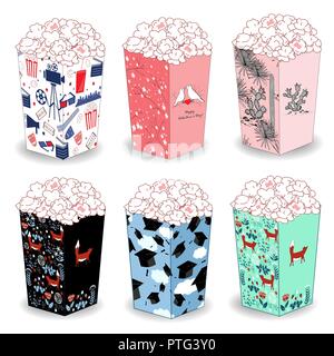 Popcorn bucket boxes design. Vector illustration, isolated on white. Pop corn buckets with cacti, gradsuation hats, fairy forest, and cinema attribute Stock Vector