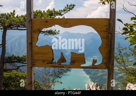 View from the Banjska stena throughout the wooden table in shape of bear to the Drina river Stock Photo