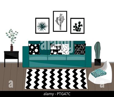 Scandinavian style livingroom interior with black and white carpet, blue sofa with ornamented pillows, home plants, and white wall with cactus picture Stock Vector