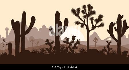 Desert seamless pattern with silhouettes of joshua trees, opuntia, and saguaro cacti. Mountains background. Stock Vector