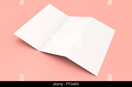 blank trifold brochure on pink background 3d rendering Stock Photo