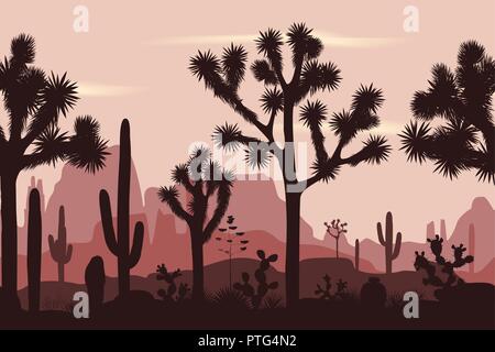 Desert seamless pattern with silhouettes of joshua trees, opuntia, and saguaro cacti. Mountains background. Stock Vector