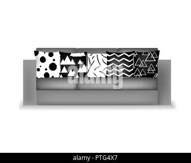 Light gray fabric three-seat modern sofa with moredr ornament black and white pillows. Vector illustration Stock Vector