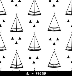 Teepee, native american tent seamless pattern. Wigwams and abstract triangles. Vector illustration, black and white Stock Vector