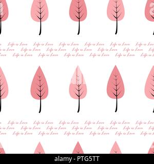 Life is love seamless pattern with text and cartoon pink trees in a row. Modern seamless pattern for cards, wallpapers, and textile. Vector Stock Vector